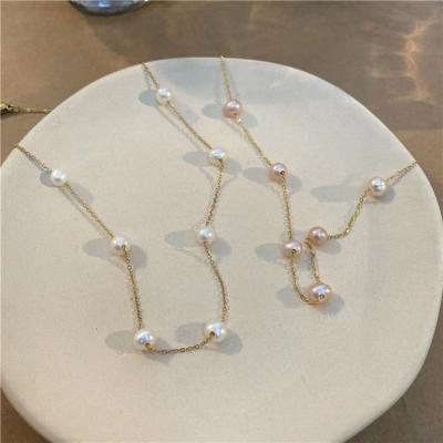 China Fashionable Simple Stainless Steel High Quality 18K Gold Summer Thin Chain With Water Freshwater Pearl Decorated Necklace for sale