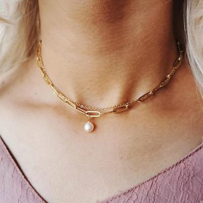 China 2022 High Quality Fashion 18K PVD Gold Paperclip Fresh Water Bead Choker Necklace Bracelet Anklet Chain Jewelry Set Water Proof Beach Jewelry for sale