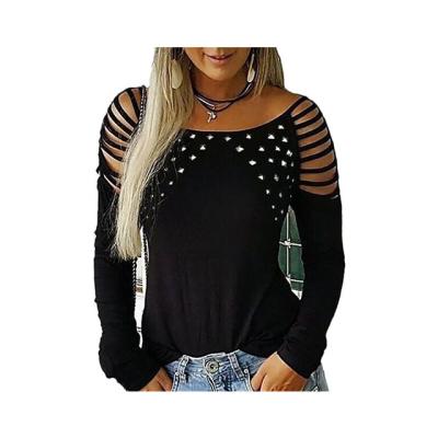 China New Breathable Women Stretching Hollow-out Solid Color Studded Casual Tops Autumn Fashion O Neck Long Sleeve Drill T-shirts Plus Size for sale