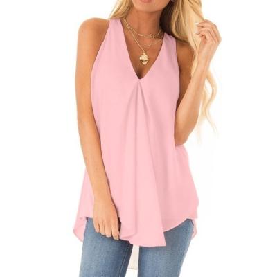 China Women Breathable Casual Tops Summer V-neck T-shirt Solid Color Loose Sleeveless Shirts Ladies Shape Chiffon Pullover Tank Tops for sale