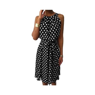 China Fashion Breathable Women Round Neck Summer Polka Dot Printed Sleeveless Dress Ladies Casual Mid Length Plus Size Dress for sale