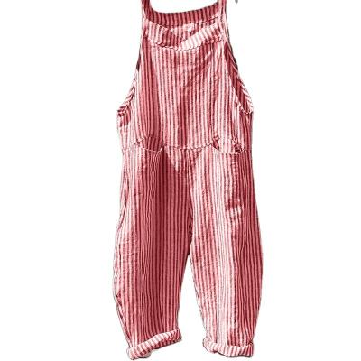 China Breathable Casual Sleeveless Overalls Striped Loose Cotton Suspender Long Pants Bib Pockets Long Pants Overalls for sale