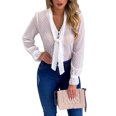 China NEW Fashion Breathable Loose V-Neck Women's Upper Casual Blouse Long Slightly Sheer Shirt Plus Size S-5XL for sale