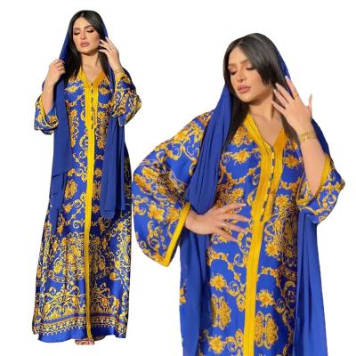 China Fashionable Southeast Asian Middle East Dubai Kaftans Arabic Hot Sale Autumn Islamic Clothing Women Muslim Blue Maxi Dress for sale