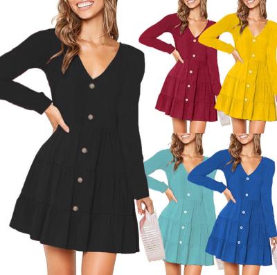 China Autumn new breathable long button fuffle dress cotton sleeve button designed canvas dress sets women's clothing for sale