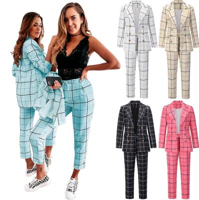 China 2021 Fashion Ladies Autumn Woman Casual Plaid Suits Lady Formal Office Blazers Breathable Two Piece Set for sale