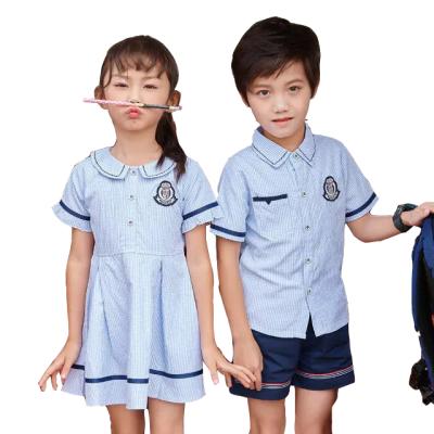 China School Custom Summer Kids Pinafore Skirt Shirts+Blue Skirts+Shorts For Primary School Girl Kids Primary School Uniform SU-R-001 for sale