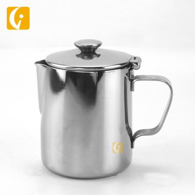 China 18/10 Stainless Steel Milk Cup Coffee Garland Cup Viable Milk Frothing Pitcher Pull Flower Cup With Lid for sale