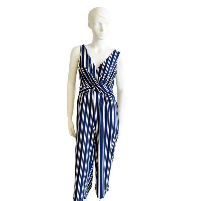 China Anti-Static Women Fashion Design Sleeveless Deep V-Neck Stripe Overalls Ladies Loose Fit Long Pants for sale