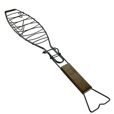 China Manufacturer Easily Cleaned Customized Iron Wood Handle Grilling Wire Mesh Net For Roasting Meat Fish Basket Rack BBQ Grill Grill for sale