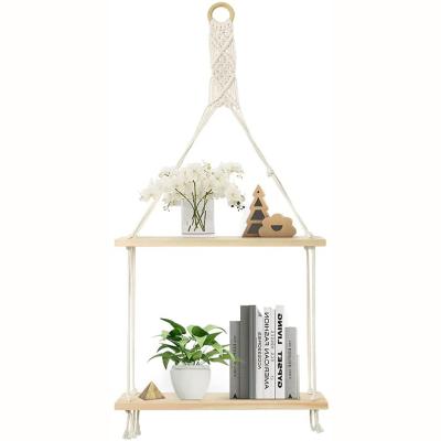 China 2 Tier Bohemian Decor Foldable Hanging Floating Macrame Plant Wall Shelf Shelves Cotton Chic Cute Rope Shelves for sale