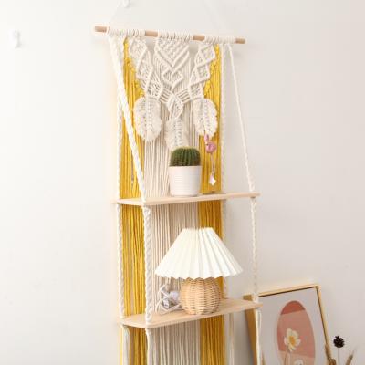 China New Rustic Fancy Yellow Rope Macrame Wall Shelf Weaving Design for Wall Decor for sale