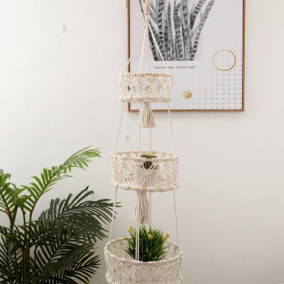 China Kitchen Decor Storage Basket Macrame 3 Tier Fruit Hammock Folding Hanging Boho for sale