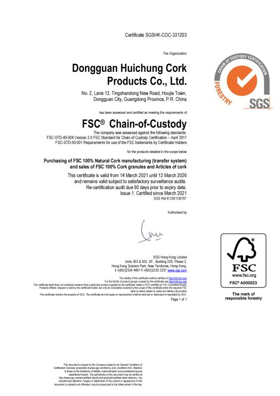 FSC - Dongguan Huichung Cork Products Co., Ltd.