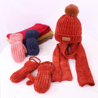 China Long New Design Winter Pompom Beanie Hat Scarf Gloves 3 Piece Set Thickened Chenille Wool Warm Hat for Baby Boy and Girls 2-8y for sale