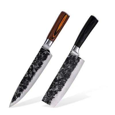 China High Quality Disposable Pakka Wood Handle Hammer Pattern Blade Kitchen Knife Chef Knife Manual Cleaver Knife for sale