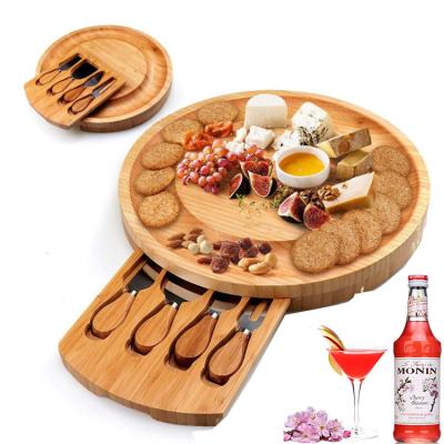 China Cheese Knife Set Customized Cheese Tool Kit Round Removable Bamboo Cheese Board and Knife Cutting Board Set for sale