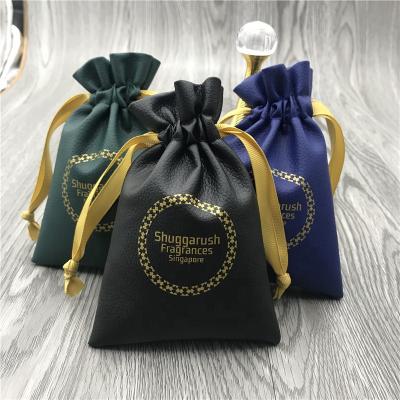 China Recyclable Colorful Drawstring PU Jewelry Bag, Gold Logo Leather Pouch Gift Bag for sale