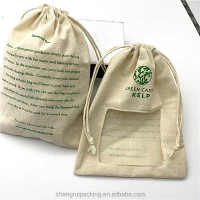 China Recyclable Custom Organic Cotton Muslin Bag With Organza Window For Seaweed Soak for sale