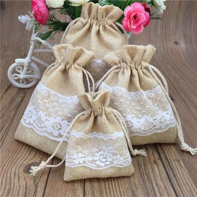 China Eco - Friendly Natural Jute Gift Bag Drawstring Pouch With Lace for sale