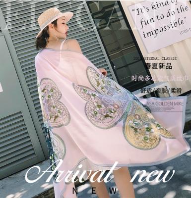 China New Spring Summer Sunscreen Holiday Decoration Silk Scarf Air Conditioning Printing Shawl Long Long Scarves for sale