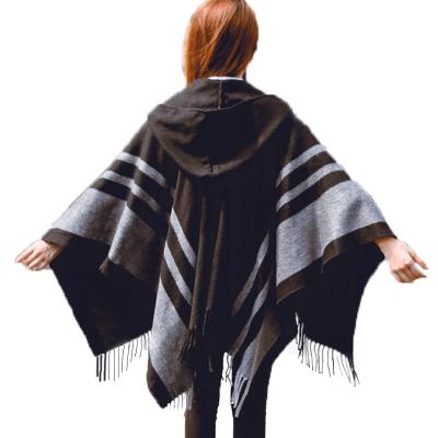 China Eco-friendly Warm Sale Cape Shawls Poncho Striped Tassel Acrylic Hooded Winter Cape Shawls For Girls for sale