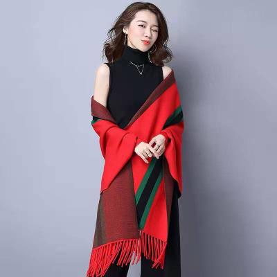 China With Sleeves New Pattern Women Winter Viscose Wool Vertical Stripe Cashmere Shawls Scarf Wraps Shawls With Sleeves for sale