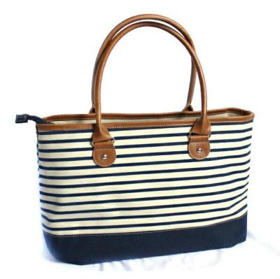 China Fashion Stripe Pattern Heavy Duty Canvas Tote Bag With Leather Handle for sale