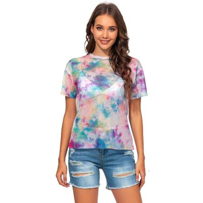 China Anti-wrinkle new European and American women's tie dyed T-shirt round neck short sleeve perspective printed T-shirt for sale