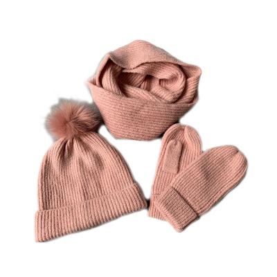 China Newest Winter Warm Hat Scarf Mitten Three-Piece Suit Fur Pom Pom Pom Hat Set Striped Knit Set for sale