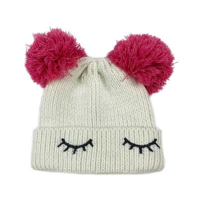 China COMMON Cute Beanie With Lurex Yarn Pompom Knitted Hat Double Eyelash Embroidery Hats Yarn for sale