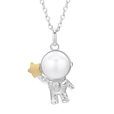 China CLASSIC Nordic Creative 925 Sterling Silver Jewelry Spaceman Astronaut Pearl Necklace with Pendant for Women Kids for sale