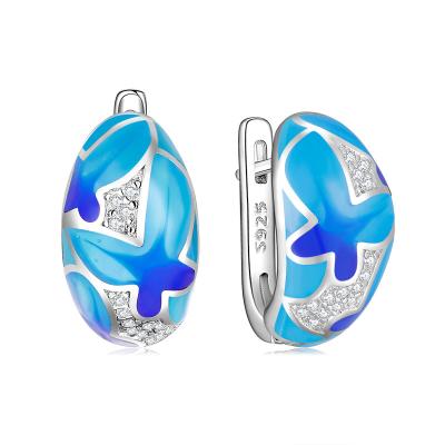 China TRENDY Butterfly Earrings Silver 925 Forest Blue Enamel With Zircon Engagement Enamel Color Psychedelic Jewelry For Women for sale