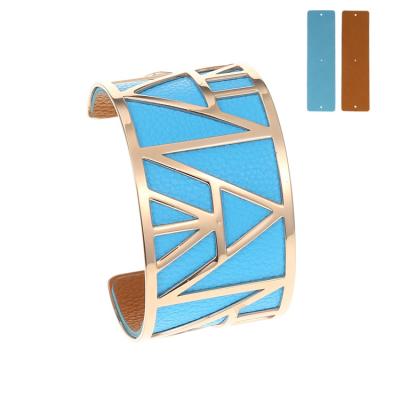 China 2021 Geometric Wide Cuff Bracelet Stainless Steel Pattern Low MOQ Women PU Women Smart Reversible Interchangeable Leather Bracelet Jewelry for sale