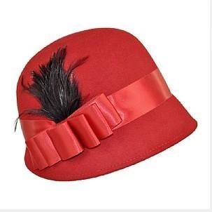 China Casual Fashion Round Crown Red 100% Wool Felt Hats With Nice Satin Trimming For Women for sale