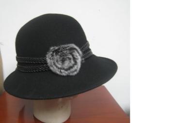 China Black Ladies’ Small Floppy Wool Felt Hats With Braided Band and Fur Trimming for Church for sale