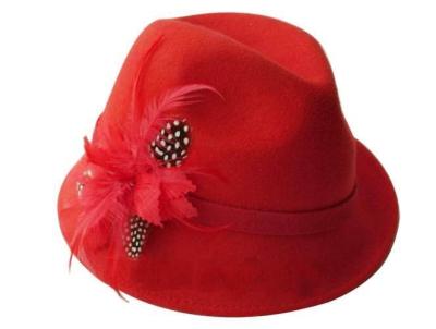 China Elegant Ladies’ Red Fedora Wool Felt Hats With Bunch Of Feathers For Christmas, Party for sale