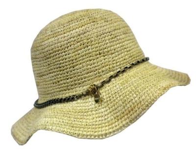 China Woven Straw Ladies' Casual Hats For Beach, Natural Crochet Raffia Hat With Chain for Women for sale