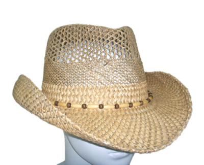 China Summer Seagrass Fashion Womens Straw Cowboy Hats With Wooden Beads For Party, Beach for sale