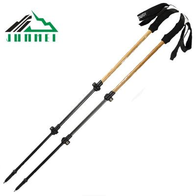 China EVA Factory Price 3 Sections Trekking Pole With Bamboo Surface Outdoor Portable Telescopic Aluminum Pole Increasing Cane Poles for sale