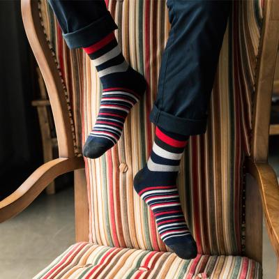 China Viable Colorful Striped Rainbow Mens Fashion Dress Socks Happy Mens Cotton Crew Socks for sale