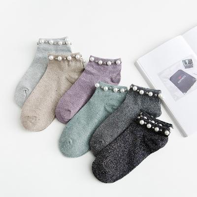 China Fashion Bling Viable Women Bangs Tinsel Pearl Colored Ankle Socks High Quality for sale