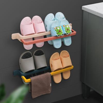 China Space Saving Bathroom Shoe Rack Plastic Bestselling Punchless Wall Mounted Storage Racks Double Fold-Down Towel Rack for sale