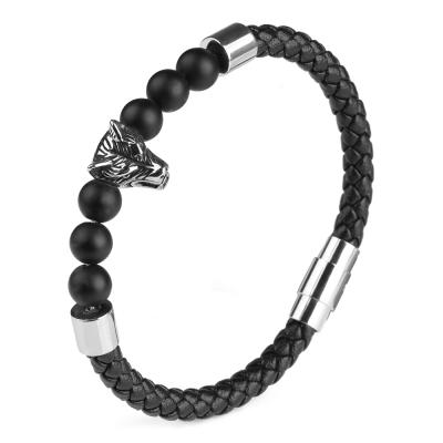 China Magnetic Clasp Leather Punk Tiger Head Bangle Men Matte Black Agate Beads Genuine Stainless Steel Bracelet for sale