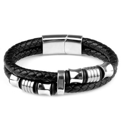 China Punk Bone Shape Stainless Steel Clasp Double Stock Genuine Leather Bracelet for sale