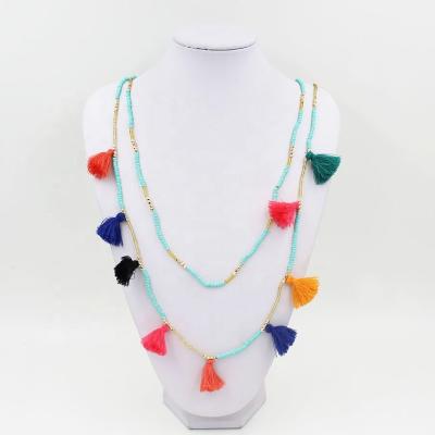 China Environmental Women Colorful Tassel Charm Necklace Bohemia Double Layers Seed Beads Wire Weaving Necklace for sale