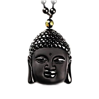 China Wholesale Environmental Natural Stone Obsidian Carving Buddha Necklace Lucky Amulet Necklace For Women Men's Half Pendant Sweater Chain for sale