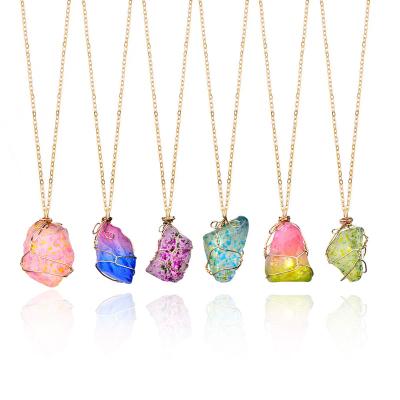 China Irregular Raw Stone Healing Crystal Pendant Necklaces For Women Full Wrap Wire Amethyst Environmental Wholesale Raw Stone Pendant Necklace for sale