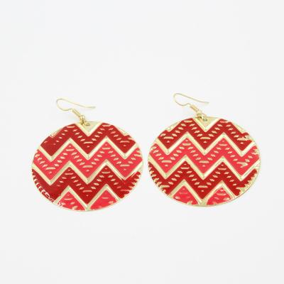 China Boho Eco-Friendly Geometric Round Pendant Glazed Chevron Fish Hook Earrings Red Wave Stripe Printed Earrings for sale