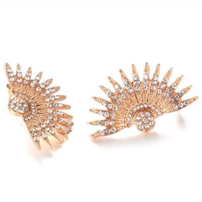 China TRENDY Geometric Statement Embellished Fan Stud Earrings Gold Metal Rhinestone Fan Shape Diamond Stud Earrings for sale